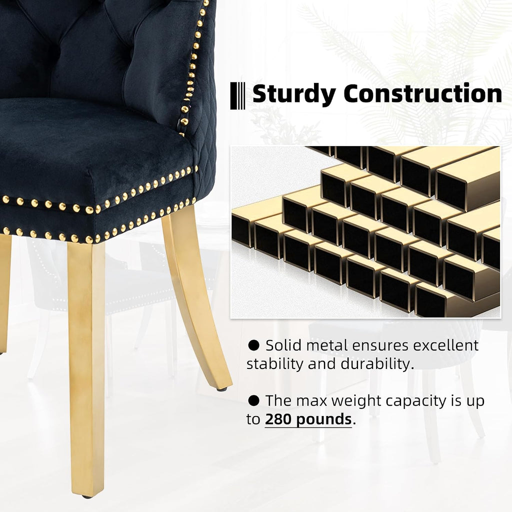 Velvet Dining Chairs Set of 4, Upholstered Dining Room Chairs, Mid-Century Modern Chairs with Diamond Lattice Tufted Back, Lion Pull Ring Rivet Trim, Golden Metal Legs for Kitchen, Black