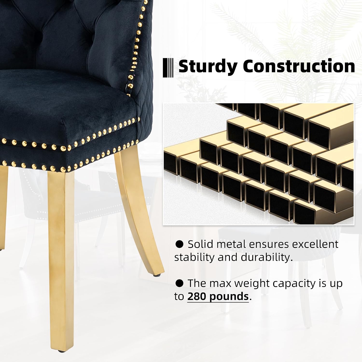 Velvet Dining Chairs Set of 4, Upholstered Dining Room Chairs, Mid-Century Modern Chairs with Diamond Lattice Tufted Back, Lion Pull Ring Rivet Trim, Golden Metal Legs for Kitchen, Black