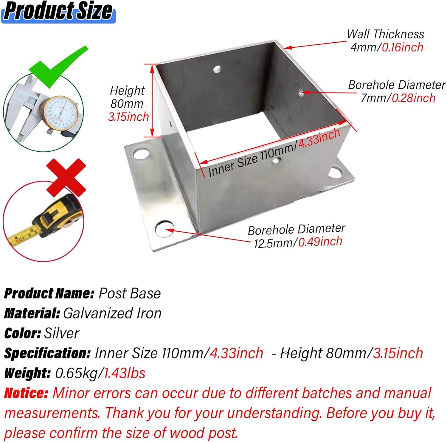 2 Pcs Heavy Duty Metal Fence Post Anchor Base - Galvanized Steel Brackets for Porch Railing and Fence Support(110x80mm)