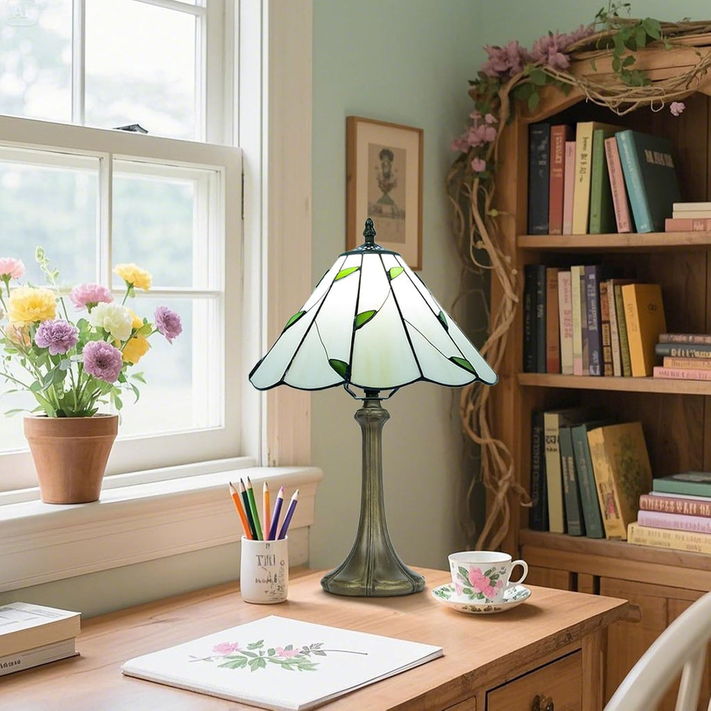 Tiffany Style Table Lamp, Small Stained Glass Lamp for Bedside, Bedroom, Nightstand, Living Room, 12 Inch Mini Vintage Light Included E26 Bulbs with Remote Control (White with Leaves)