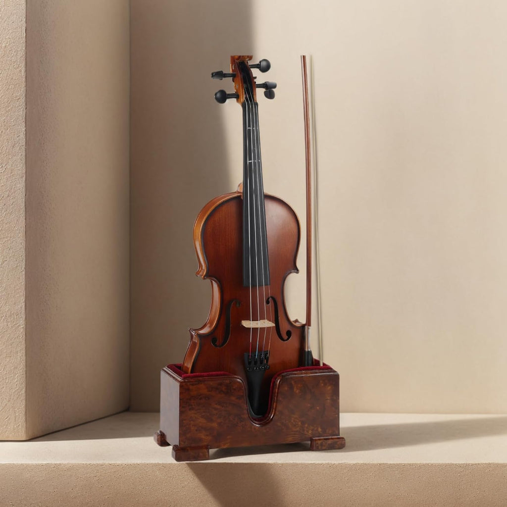 Violin and Bow Holder (Stand), Wooden Violin Holder Floor Display with Velvet Protection, Stable and Classy Aesthetic (Burl Wood + Red Velvet)