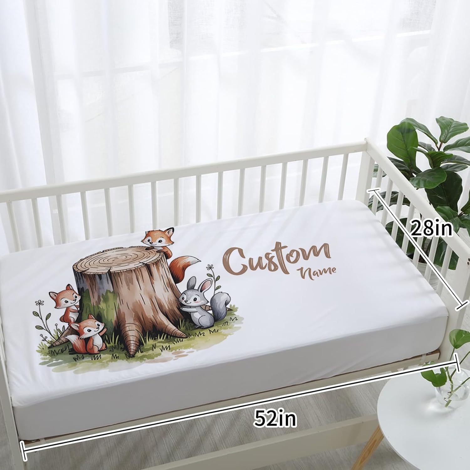 Personalized Crib Bedding Set for Baby Boys Girls, Custom Name Baby Crib Sets 5-Pcs - Toddler Double Layer Blanket Fitted Sheet Changing Pad Cover Rug Wall Art Set, Squirrel Stump Theme Nursery Décor