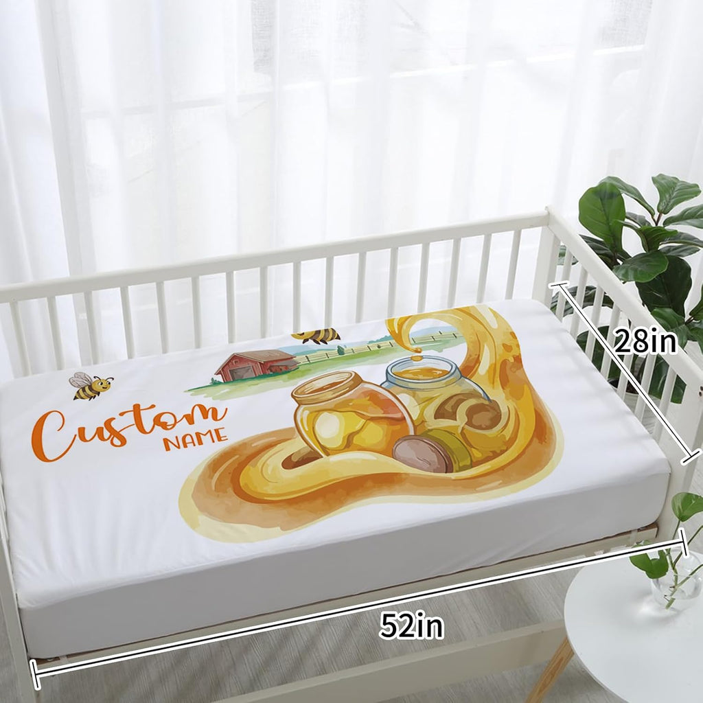 Personalized Crib Bedding Set for Baby Boys Girls, Honeypot Pattern Custom Name Baby Crib Sets 5-Pcs, Double Layer Baby Blanket Fitted Sheet Changing Pad Cover Rug Wall Art Set