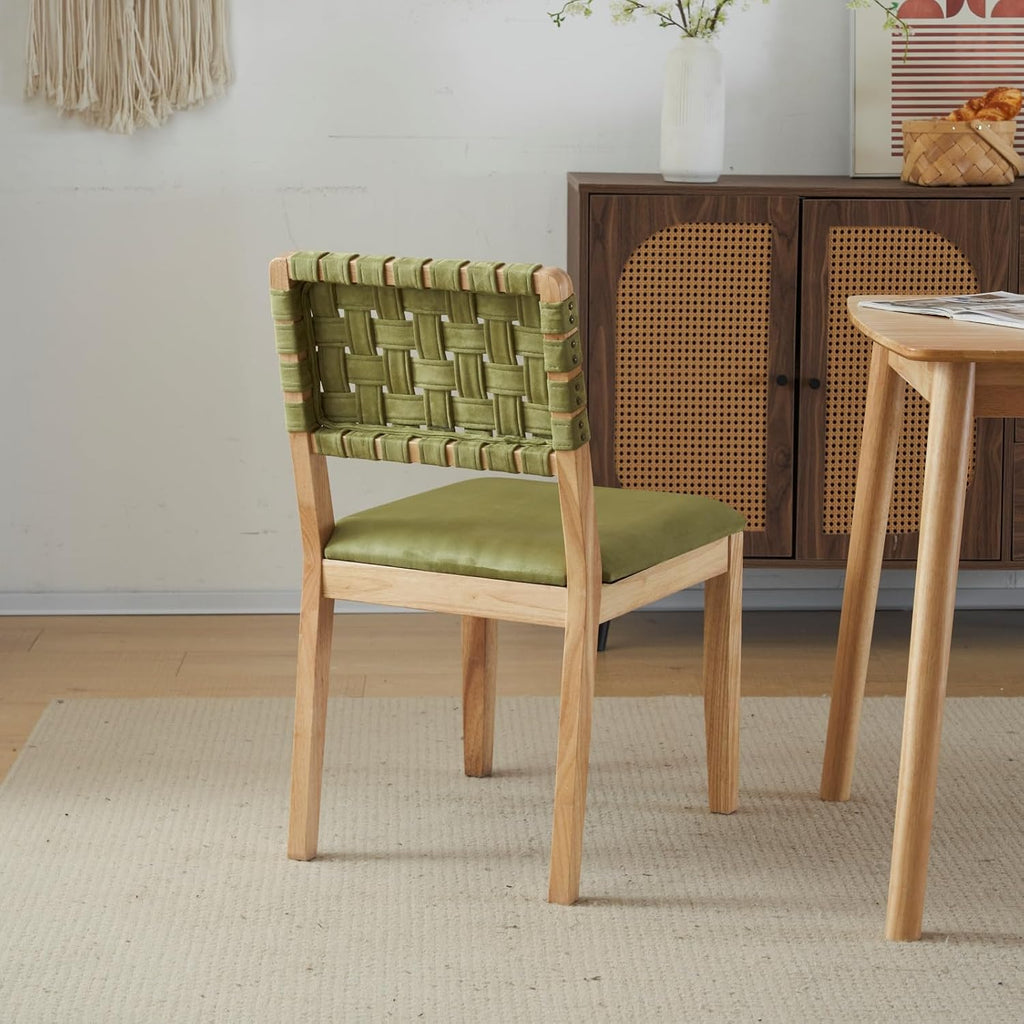 VINGLI Sage Green Woven Wooden Dining Chairs Set of 2,Armless Mid Century Modern Desk Chairs with Rivet&Foot Pegs,Upholstered Farmhouse Comfy Chair No Wheels for Dining Room,Living Room,Oak,Suede