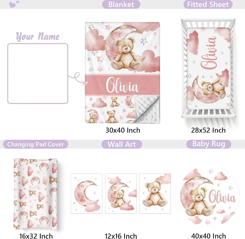 Personalized Baby Crib Bedding Set, 5 Pcs Custom Name Nursery Bedding Set for Girls Boys, Pink Bear Baby Crib Set for Toddlers Infants, Double Layer Bedding Crib Sets Customized Gifts