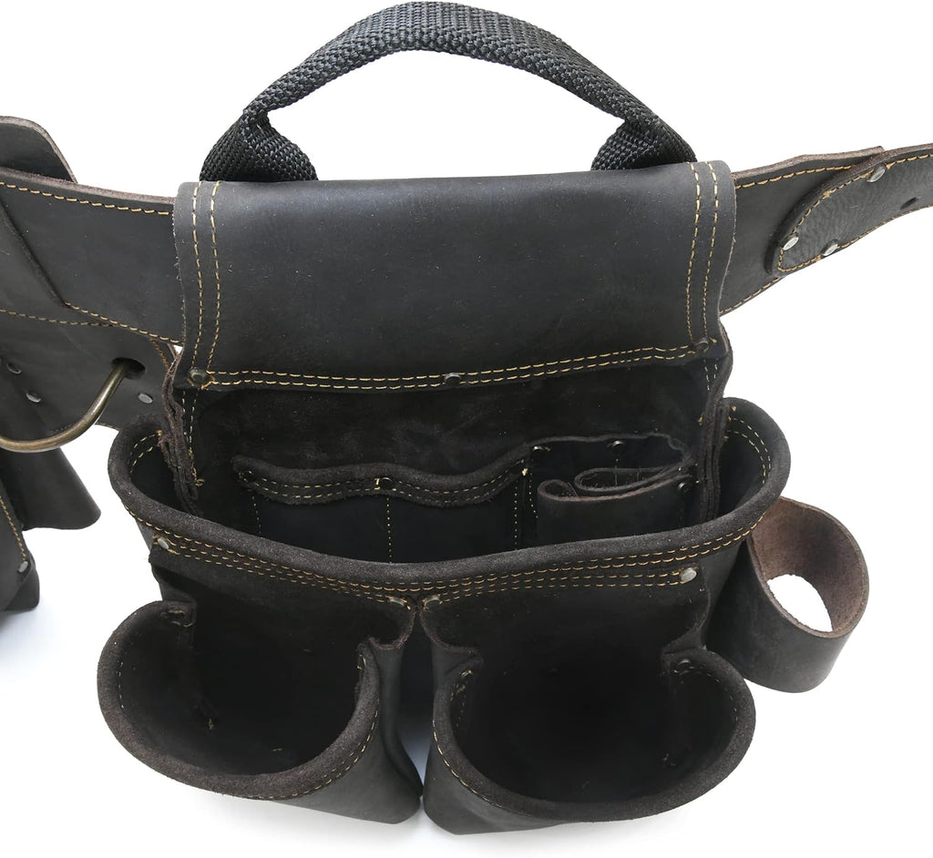 Style n Craft 4-Piece and 17-Pocket Pro Framer's Combo, Tool Belt with 2 Tool Pouches and 1 Hammer Holder, Full-Grain Oiled Leather Tool Belt, Dark Brown (90429)