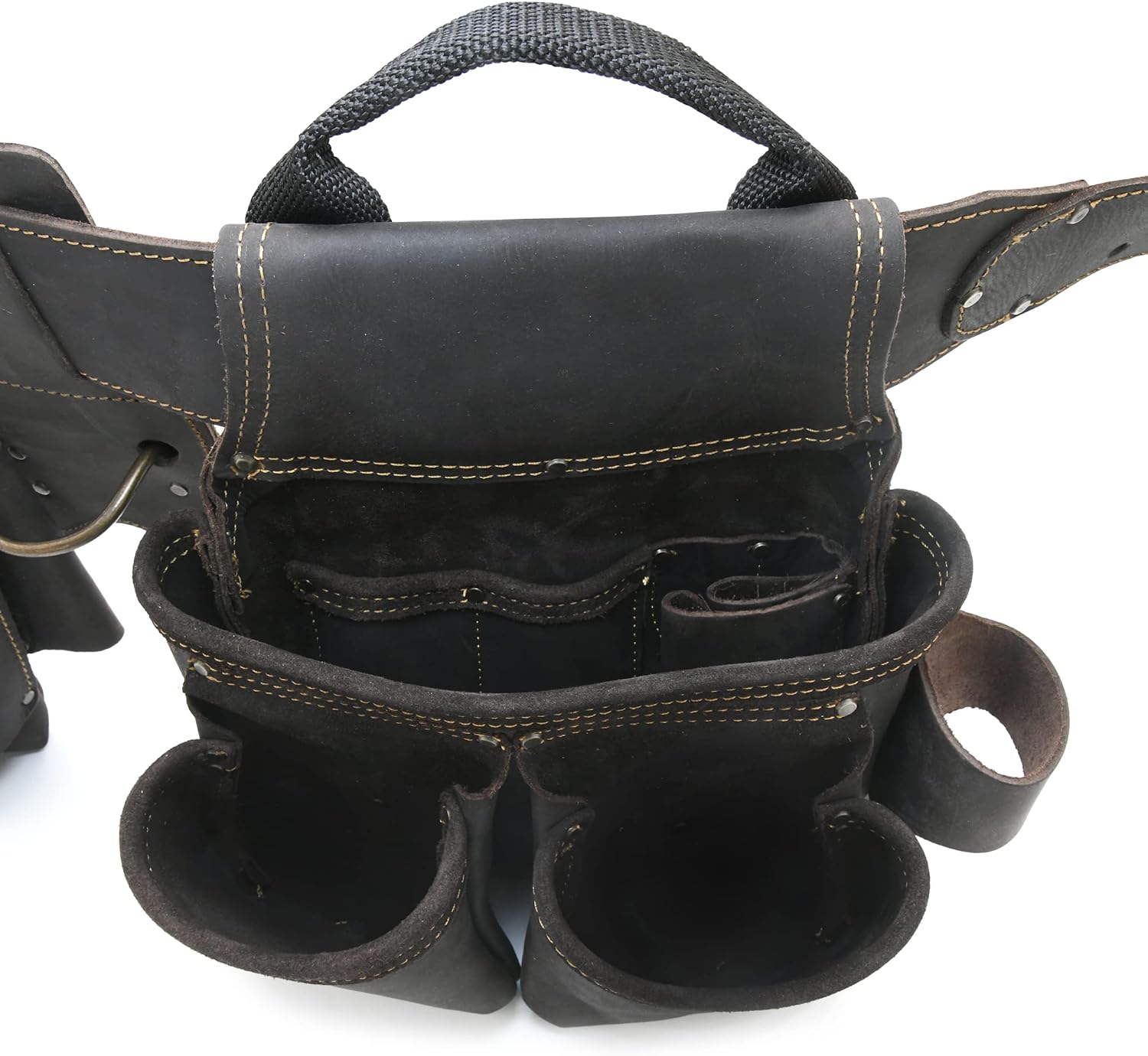 Style n Craft 4-Piece and 17-Pocket Pro Framer's Combo, Tool Belt with 2 Tool Pouches and 1 Hammer Holder, Full-Grain Oiled Leather Tool Belt, Dark Brown (90429)
