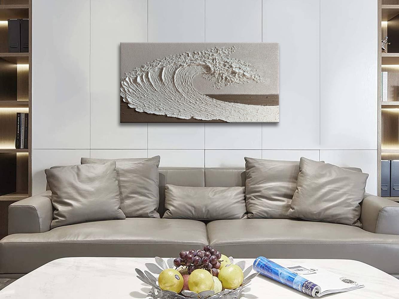 Slyart Abstract Ocean Wave Wall Art, White Textured Oil Painting on Canvas, Modern Minimalist Wall Decor