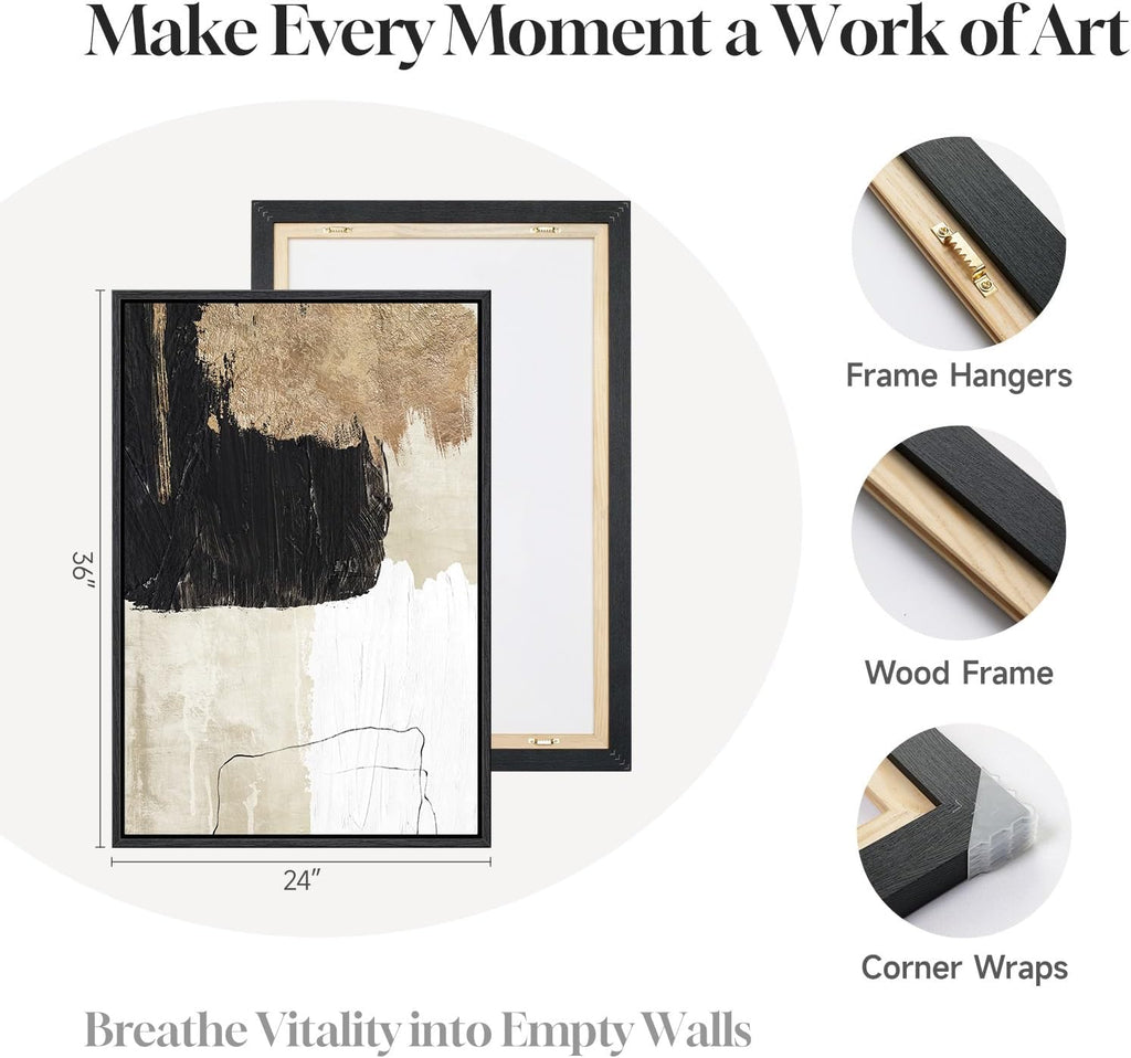 Framed Black and White Abstract Wall Art for Living Room, Large Gold 3 Piece Modern Canvas Prints Artwork for Walls, Black White and Gold Minimalist Paintings for Hallway Office Wall Decor, 24x36 Inch