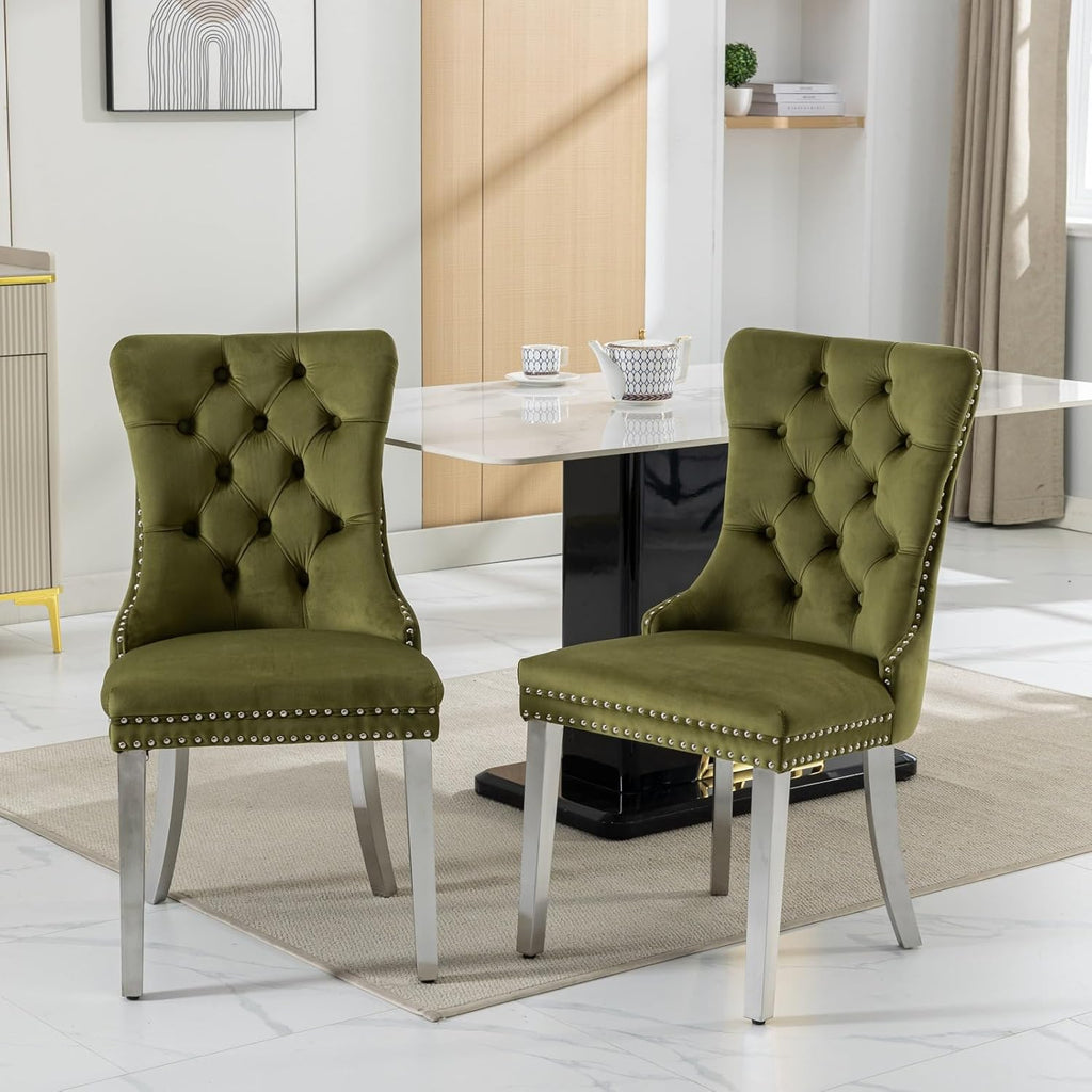 2 Piece Contemporary Velvet Upholstered Dining Chair with Chrome Stainless Steel Plating Legs, Nail Head Decro, Armless Tufted Dining Chair Fabric Dining Room Chair (Green&Silver, Set of 2)