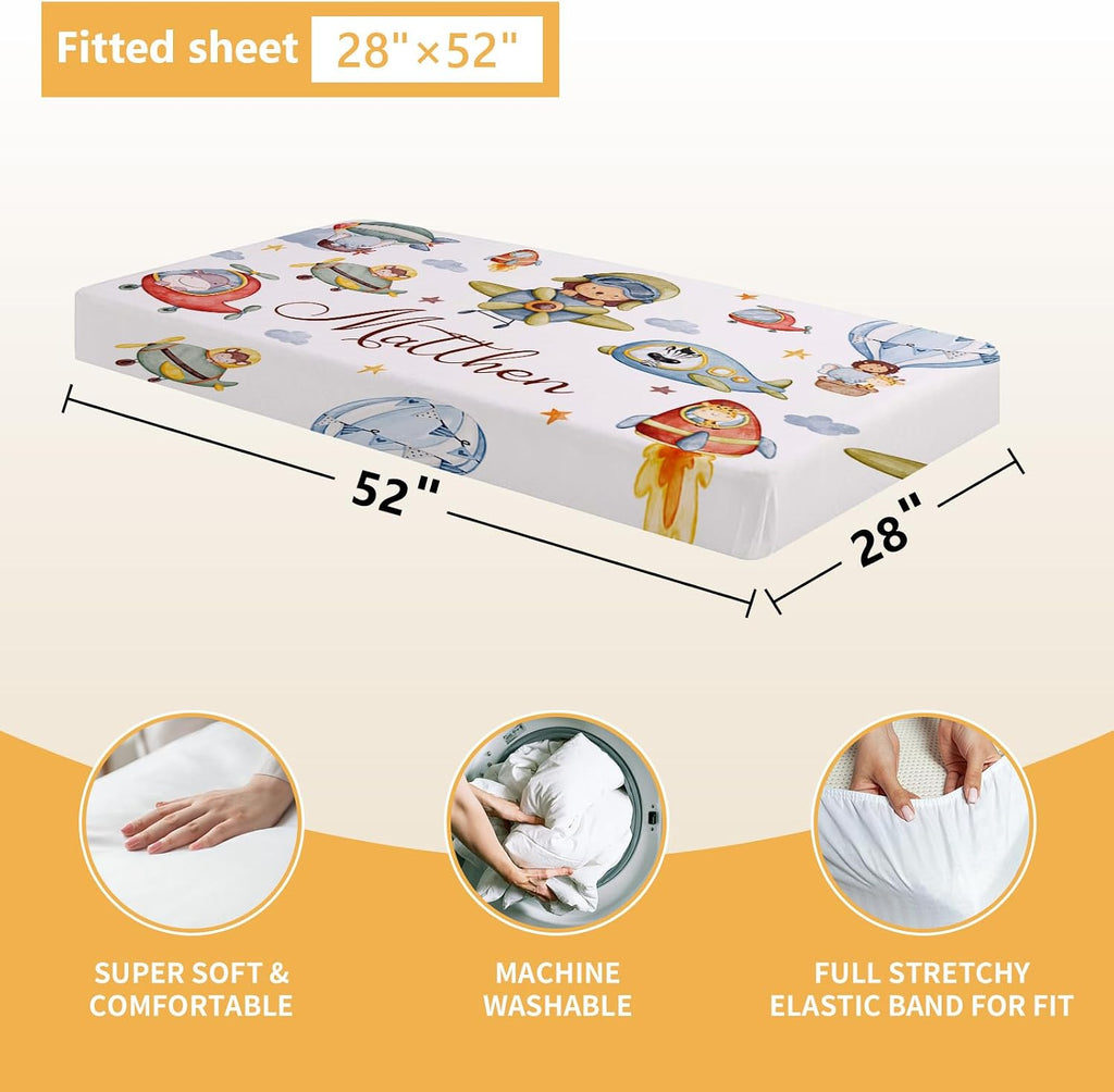 Terwex Personalized Crib Bedding Set, 5 Pcs Custom Name Nursery Bedding Set with Double Layer Flannel Blanket, Pilot Animals Baby Crib Set for Boys Girls, Customized Gifts for Toddlers Infants Babies