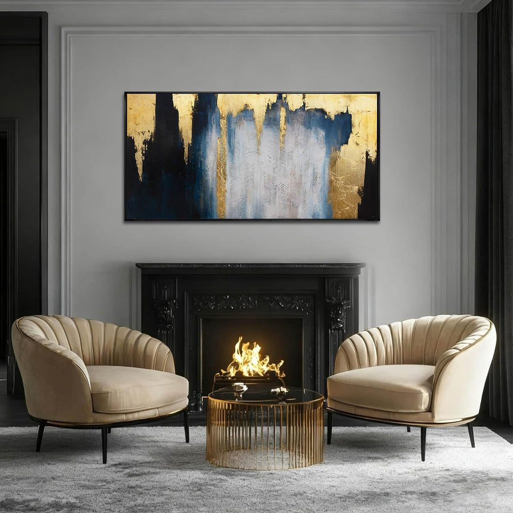 WINKAILIN Abstract Blue and Gold Wall Art with Black Frame Modern 24x48 Canvas Painting Large Artwork for Living Room Bedroom Office Home Decoration