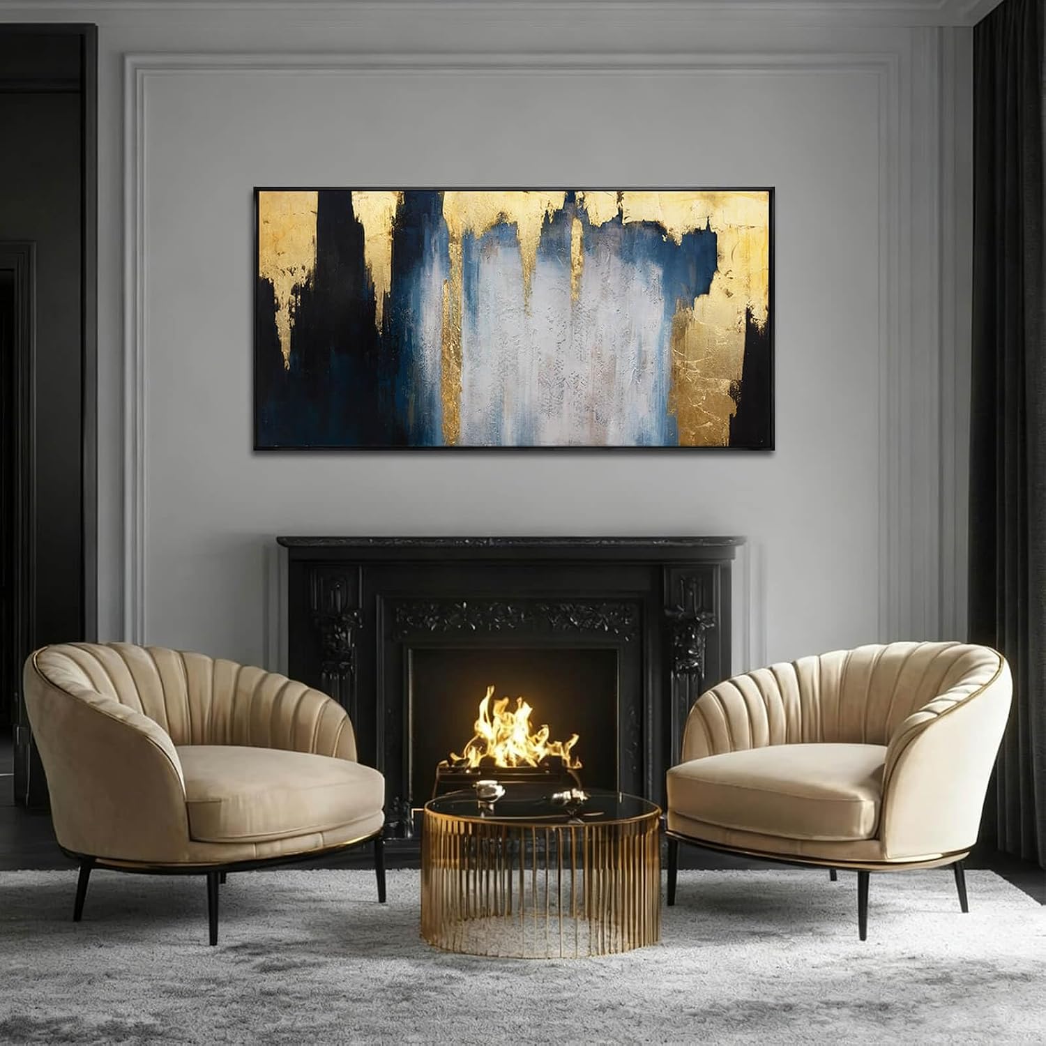 WINKAILIN Abstract Blue and Gold Wall Art with Black Frame Modern 24x48 Canvas Painting Large Artwork for Living Room Bedroom Office Home Decoration