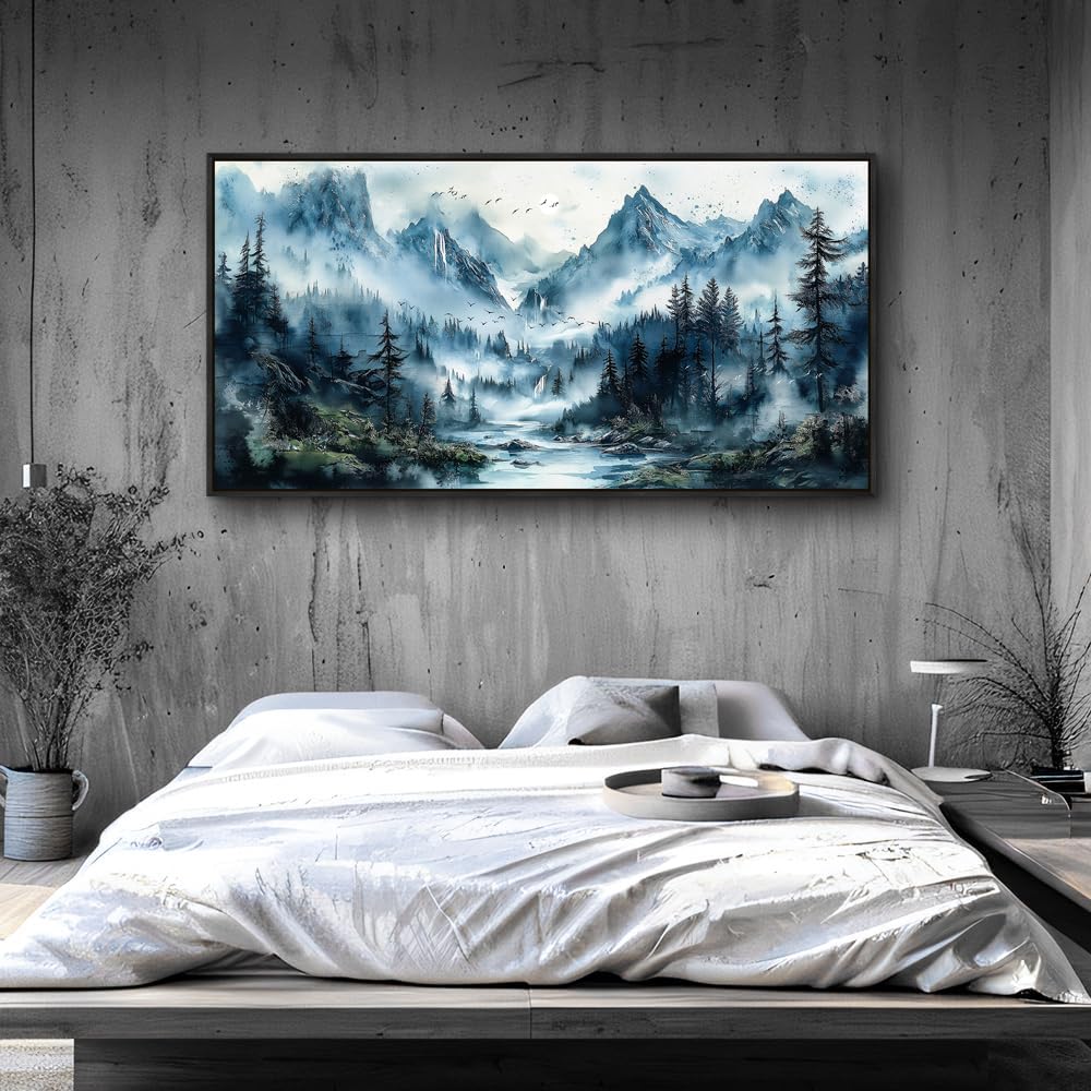 ZUITINGHUA Large Black Framed Canvas Wall Art For Living Room Wall Decor For Office Mountain Wall Painting Fog Forest Landscape Picture Ready To Hang Bedroom Home Mural Prints Posters 30x60 In