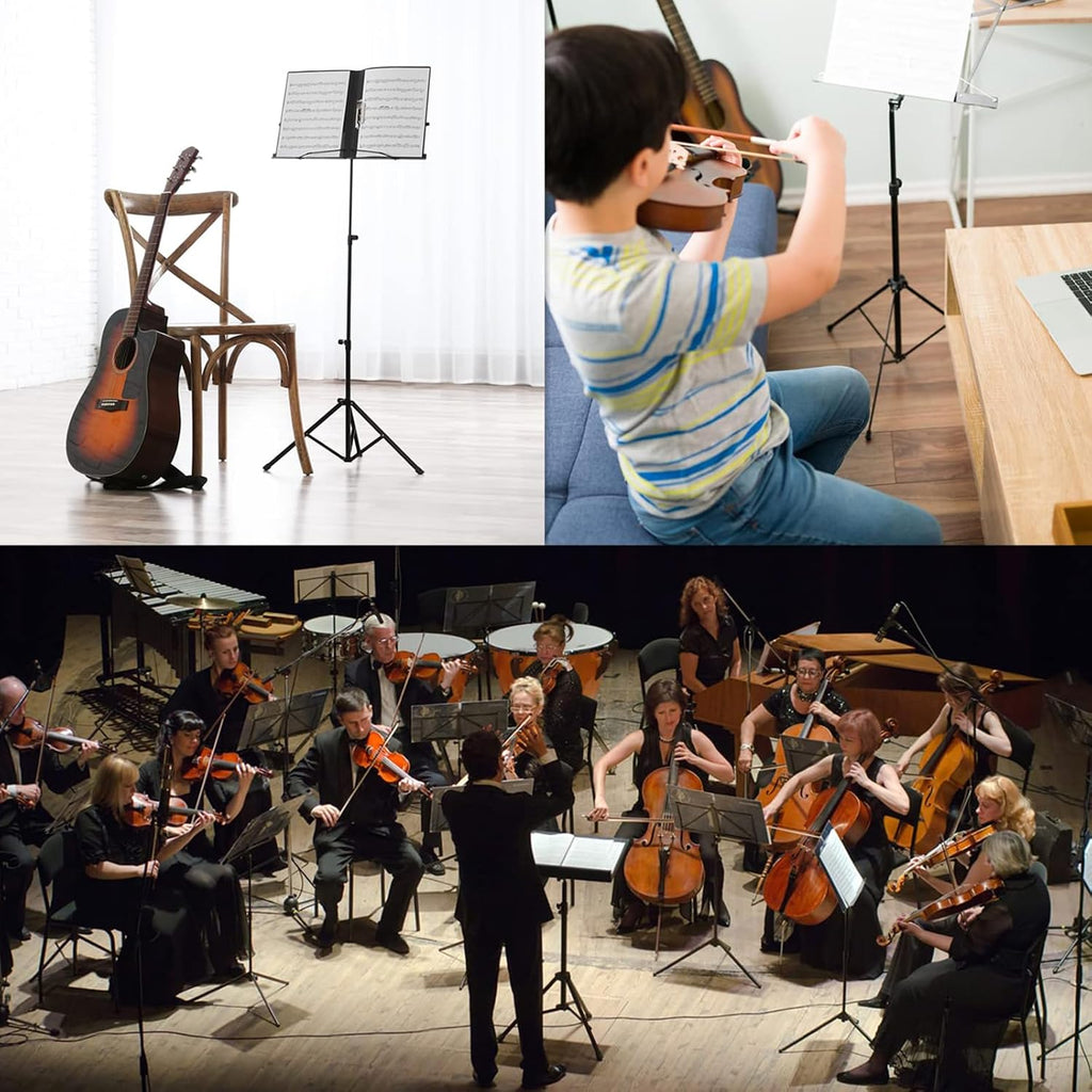 Buhelyc Music Book Stand, Music Holder with Music Sheet Clip, Portable and Folding, Metal, Height-Adjustable, Suitable for Playing Musical Instruments, for Violin, Guitar, Drums, Guitar