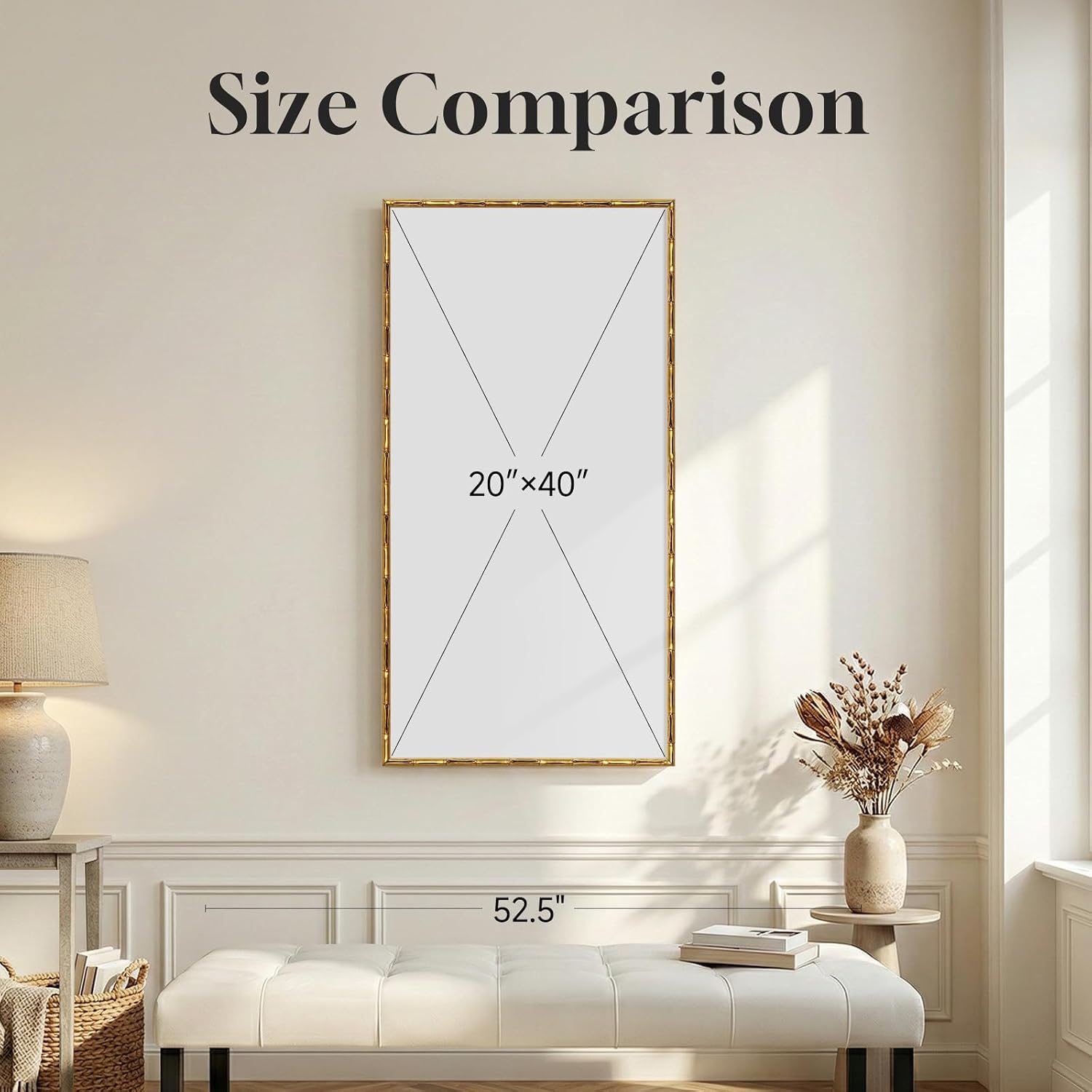 Vintage Gold Framed Chinoiserie Wall Art for Living Room, Vertical Retro Neutral Floral Bird Artwork for Walls, Canvas Print with Bamboo-Style Framed for Bedroom Dining Room Wall Decor, 20x40 Inch