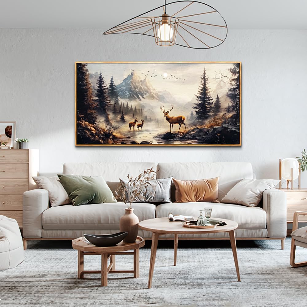 KELIYUAN Large Canvas Wall Decor For Living Room Wall Art For Bedroom Office Murals Landscape Painting Of Elk Mountain Wall Pictures Restaurant Room Modern Home Decoration Wood Framed 24'X48'