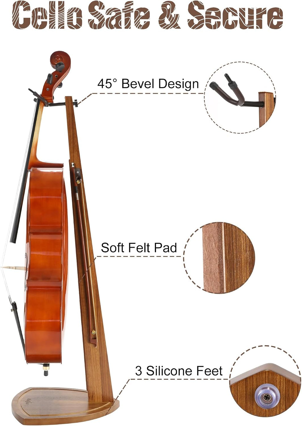 Cello Stand with Bow Holder, Handcrafted Zebra Grain Wood Floor Stand for 4/4 Full-Size and 1/2, 1/4, 3/4, 1/8, 7/8 Cello Home and Studio Display
