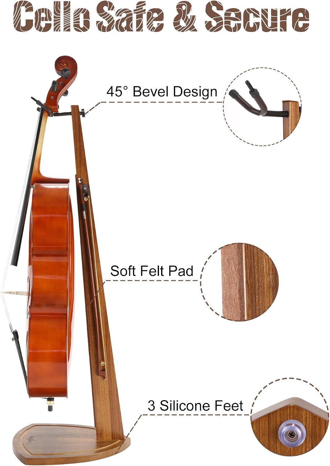 Cello Stand with Bow Holder, Handcrafted Zebra Grain Wood Floor Stand for 4/4 Full-Size and 1/2, 1/4, 3/4, 1/8, 7/8 Cello Home and Studio Display