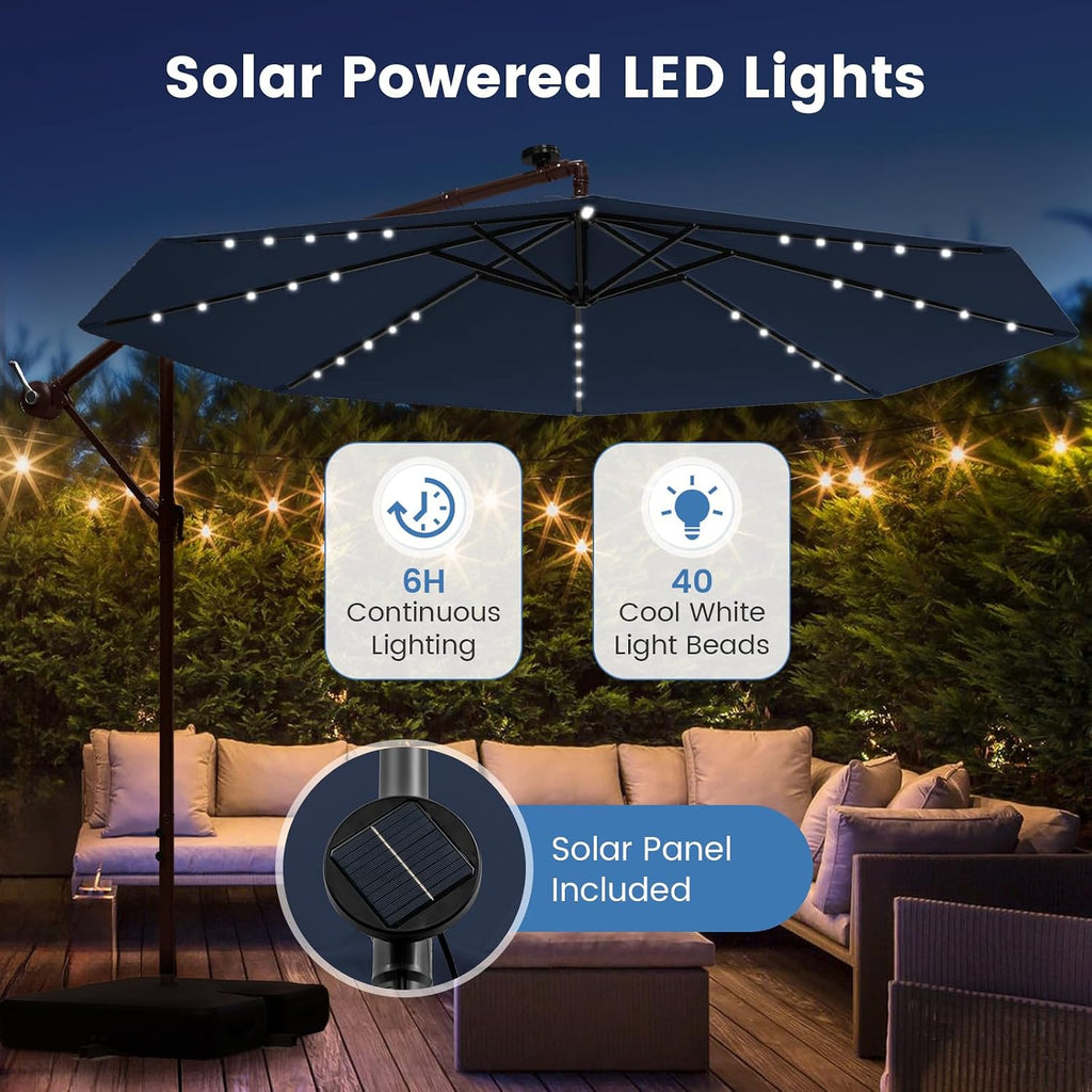 Tangkula 10FT Offset Patio Umbrella with Base Included, Outdoor Cantilever Umbrella with 40 Solar LED Lights, Tilt Adjustment, Crank Handle, Vented Top, Sand Bags for Pool Yard Deck (Navy)