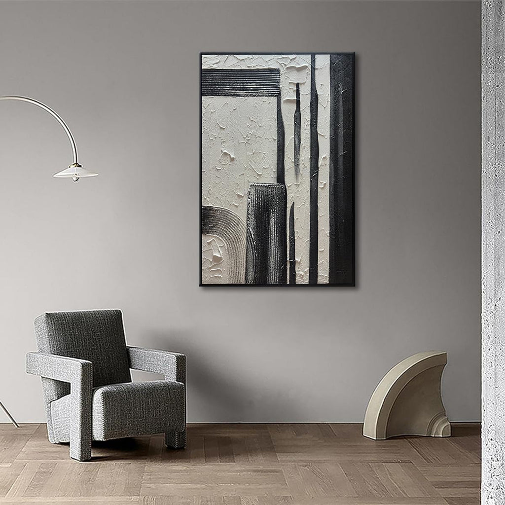 Slyart Hand Painted Black and White Textured Wall Art Black Framed Abstract Oil Paintings on Canvas Large Texture Minimalism Artwork for Home Decorations