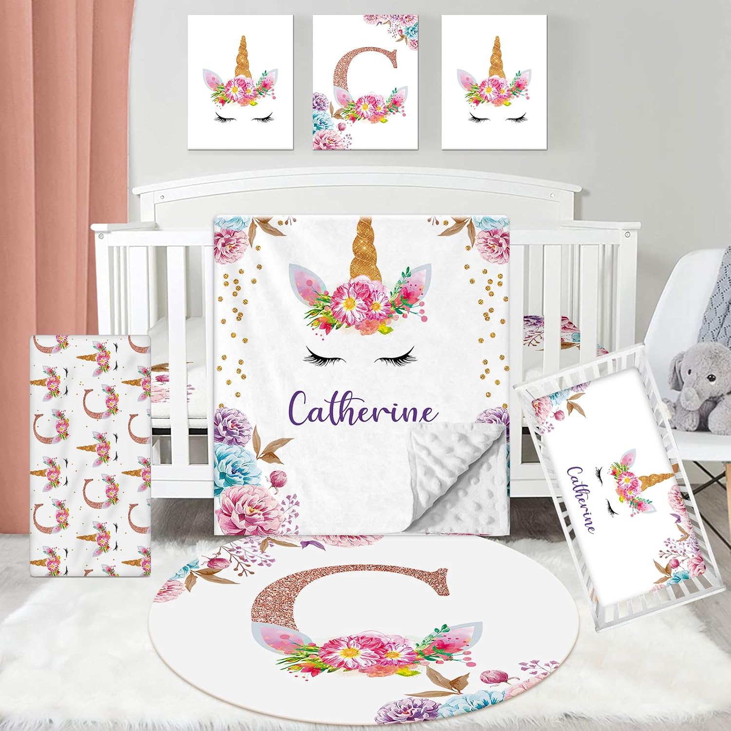 Dyoart Personalized Baby Crib Bedding Set - 5 Piece Custom Baby Crib Sets with Name, Nursery Bedding Set for Baby Girls Crib Unicorn Design Gift Idea Double Layer Blanket Set(Fixed Size)