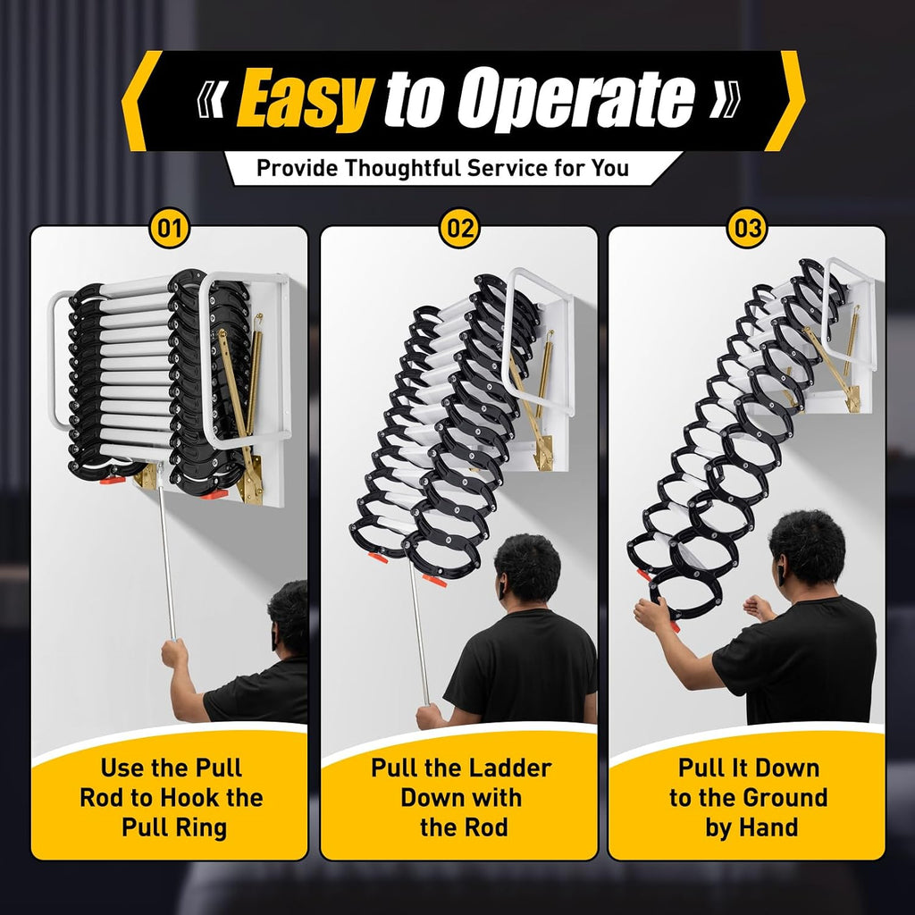 12 Steps Attic Ladder, Wall Mounted Pull Down Loft Steps Folding Stairs, 9.5-10.1Ft Height Aluminum Alloy Narrow Attic Extension Ladder w/Armrests for Basements Warehouses (12, Black2)