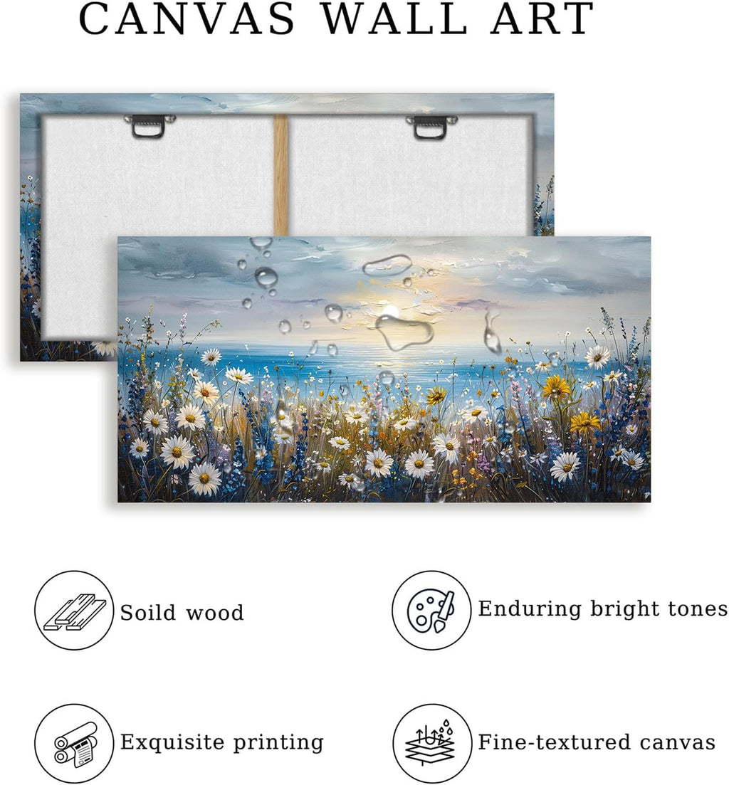 crmotu Beach Wildflower Landscape Wall Art, Seaside Sunset Extra Large Wall Decor, Daisy Floral Botanical Canvas Prints, Modern Rustic House Decorations Living Room Dining Room Farmhouse 29X57 In