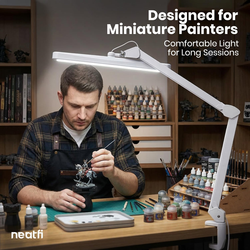 Neatfi XL 2,500 Lumens 30W LED Task Lamp for Manicure Table, Crafts, Workbench, Office – 22' Wide Shade Desk Light | Eye-Caring 6500K | 4-Level Brightness (White, Non-CCT with Clamp)