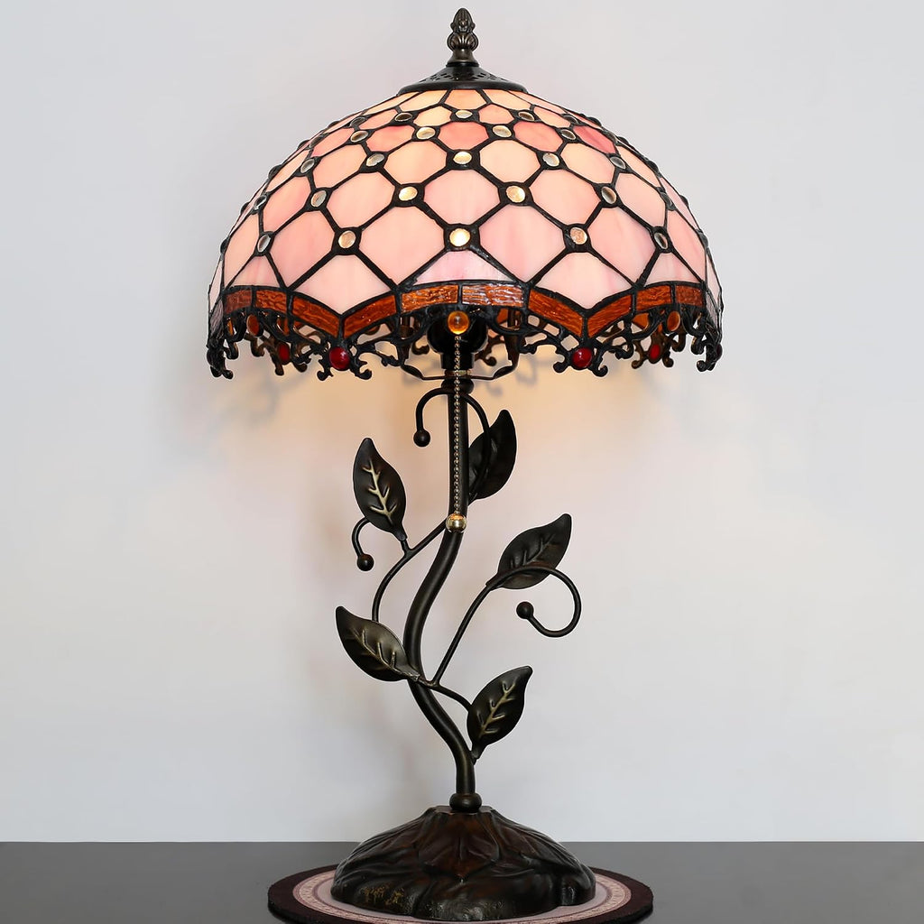 Tiffany Lamp Stained Glass Style Table Lamp Pink Beads Style Bedside Desk Reading Light W12H19 Inch Metal Leaf Base with Metal Leaf Base