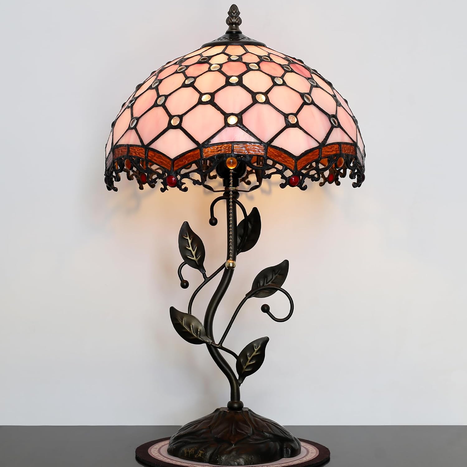 Tiffany Lamp Stained Glass Style Table Lamp Pink Beads Style Bedside Desk Reading Light W12H19 Inch Metal Leaf Base with Metal Leaf Base