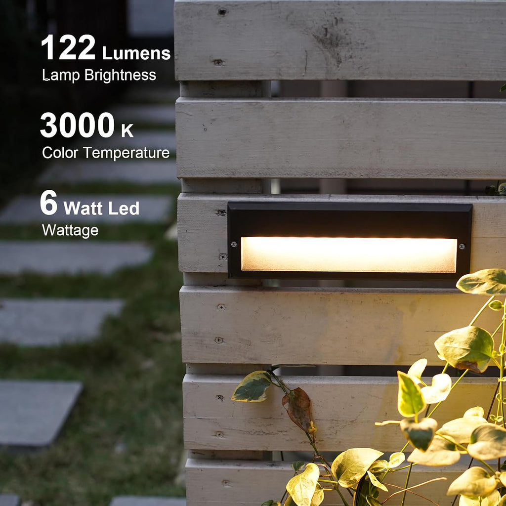 GOODSMANN Low Voltage Step Lights Kits 10.6 Inch Outdoor 12V AC Landscape Stair Lights Wired 8PK 6W LED Electric Outdoor Deck Lighting Black Metal 122 Lumens 3000K Warm White with Cable Connectors