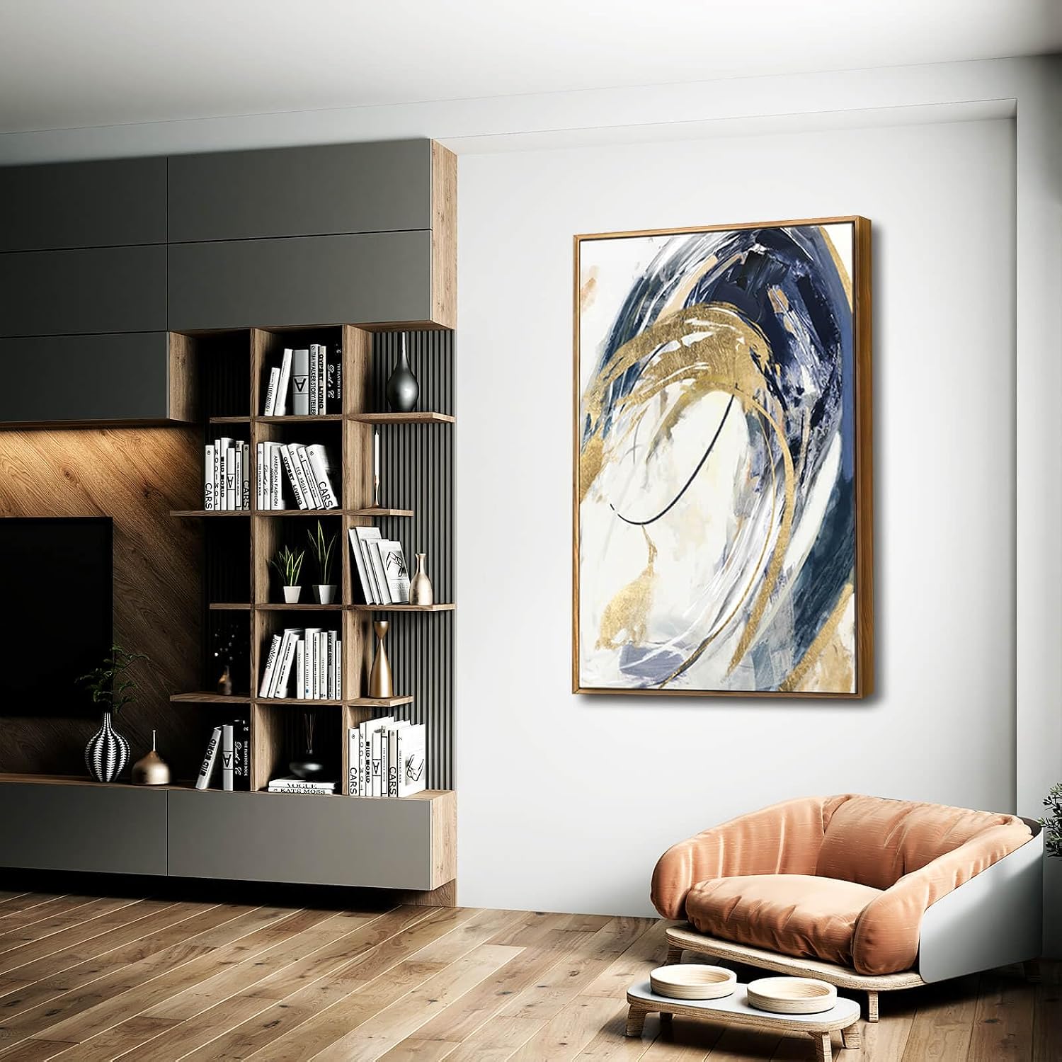 Large Wall Art Framed Artwork Gold Wall Decor Living Room Decorations Blue Wall Decor Abstract Painting Gold Line Artwork Line Office Decor Ready to Hang 32X48 Inch