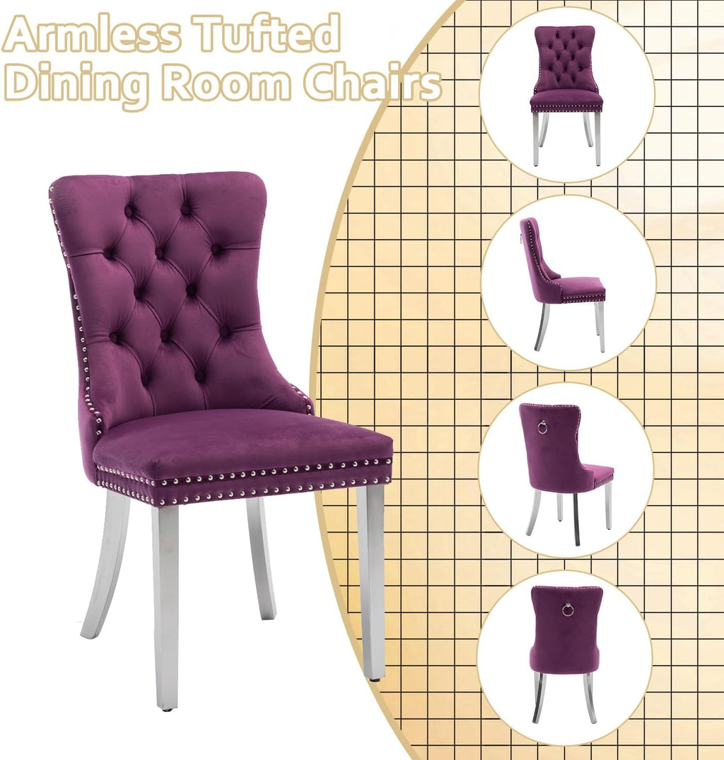 2 Piece Contemporary Velvet Upholstered Dining Chair with Chrome Stainless Steel Plating Legs, Nail Head Decro, Armless Tufted Dining Chair Fabric Dining Room Chair (Purple&Silver, Set of 2)