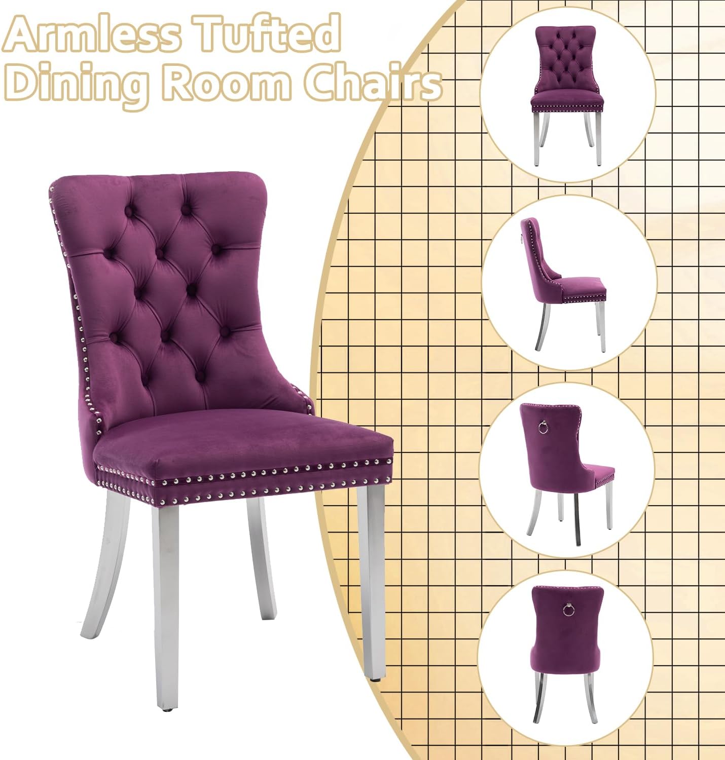 2 Piece Contemporary Velvet Upholstered Dining Chair with Chrome Stainless Steel Plating Legs, Nail Head Decro, Armless Tufted Dining Chair Fabric Dining Room Chair (Purple&Silver, Set of 2)