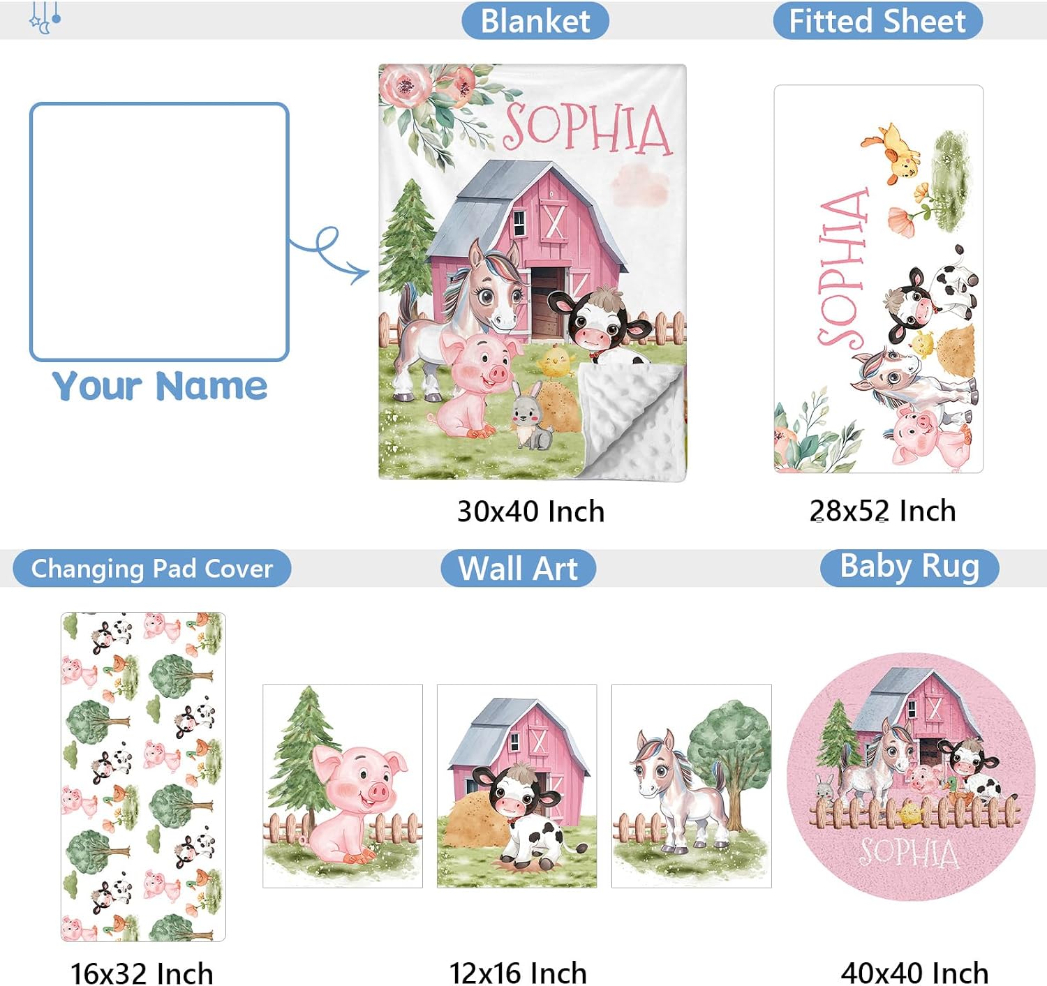 KAINSY Personalized Baby Bedding Set, 5 Pcs Custom Crib Set With Name, Double Layer Nursery Bedding, Soft Farm Animal Set for Boy Girls, Customized Gift for Toddler Infant
