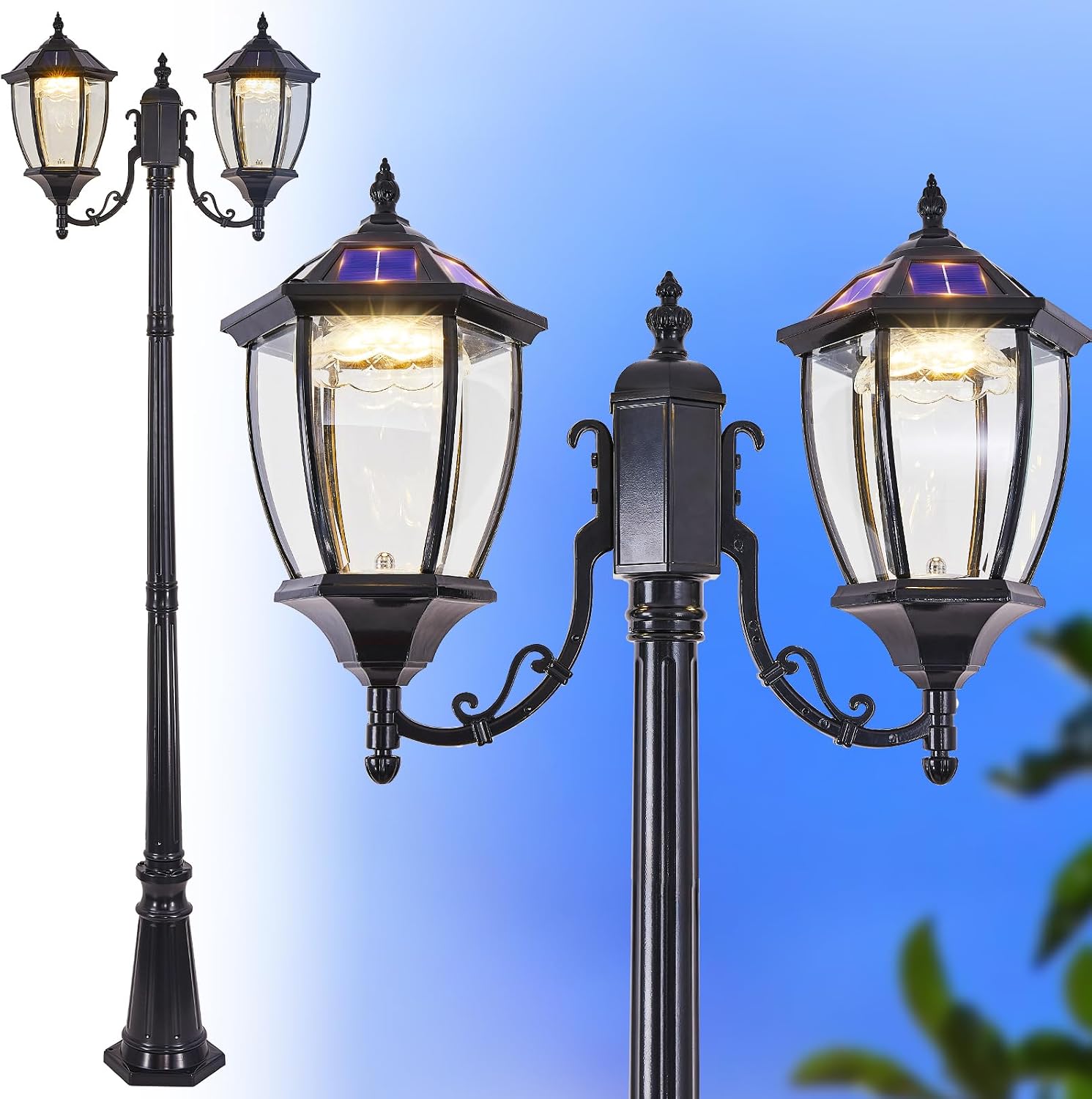 2-Heads Outdoor Solar Lamp Post Lights with Dusk to Dawn Sensor, Classic Exterior Solar Pole Lights with Waterproof, Black Street Lights with Clear Glass for Garden, Patio, Pathway, Driveway