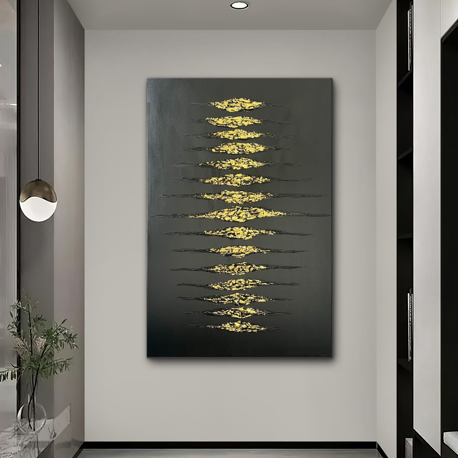 Creespi Hand-Painted Abstract Black and Gold Textured Wall Art 30x45 inch,Large Minimalist 3D Thick Texture Oil Painting on Canvas for Home Wall Decoration