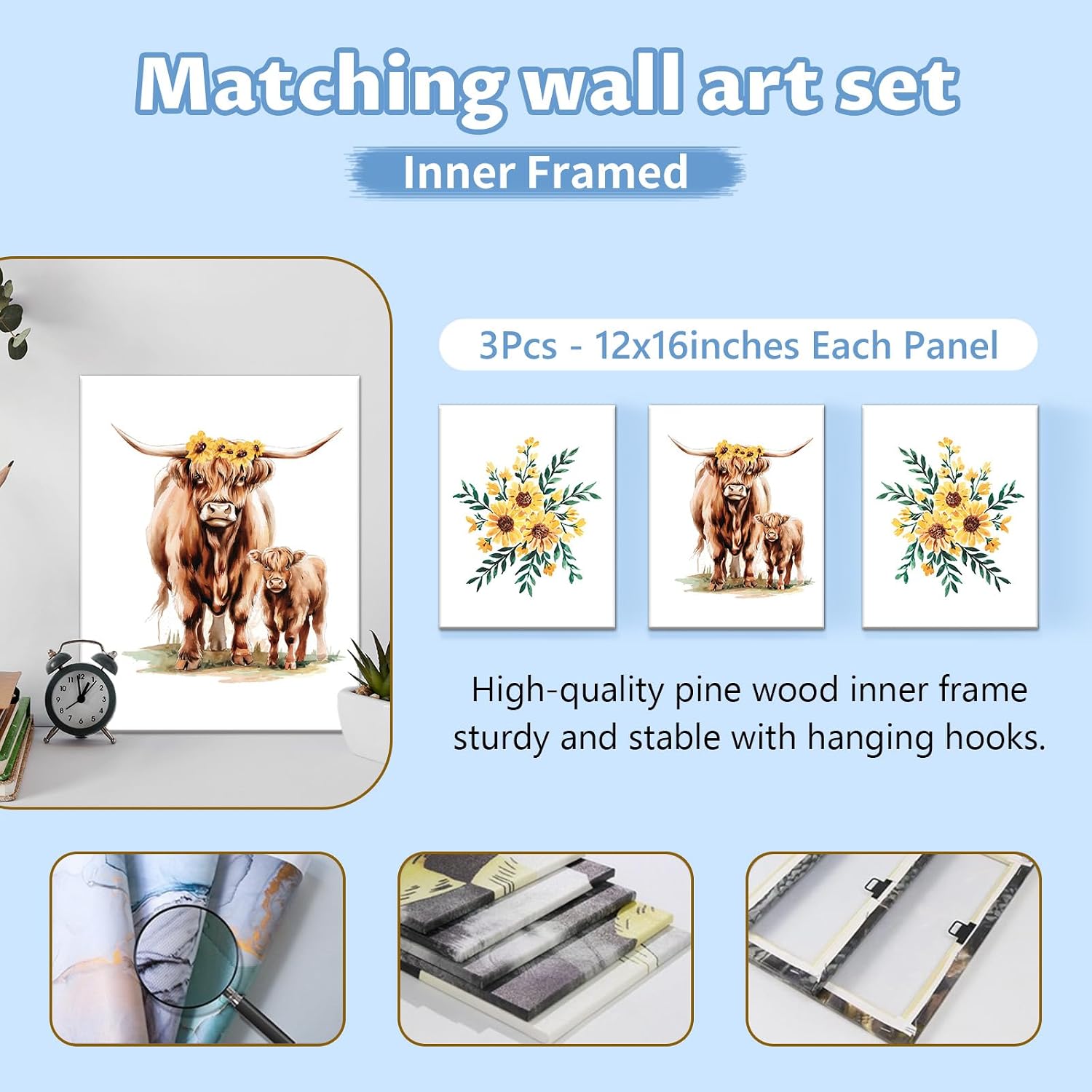 KAINSY Personalized Baby Crib Bedding Set, 5 Pcs Custom Name Bedding Set, Double Layer Nursery Bedding Set for Boy Girl, Highland Cow Baby Crib Set, Gift for Toddlers Infants New Parents