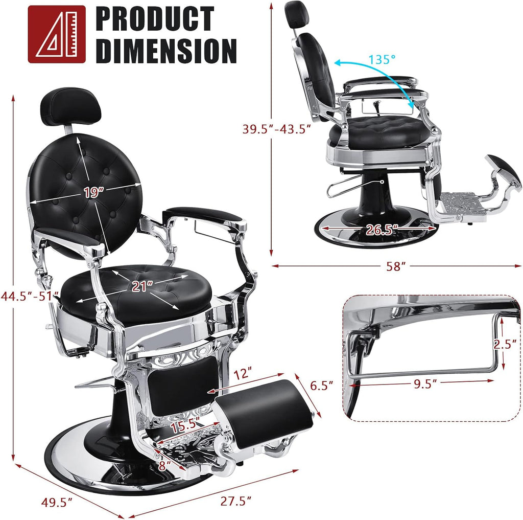 Giantex Vintage Barber Salon Chair, 360 Swivel Reclining, Heavy Duty Hydraulic Pump, Height Adjustable, Rotated Footrest, Makeup Hair Salon Chairs for Hair Stylist (Black)