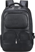 Masa Kawa Black Genuine Leather 17' Laptop Backpack for Men Large Summer Business Travel Rucksack Bag Overnight Daypack