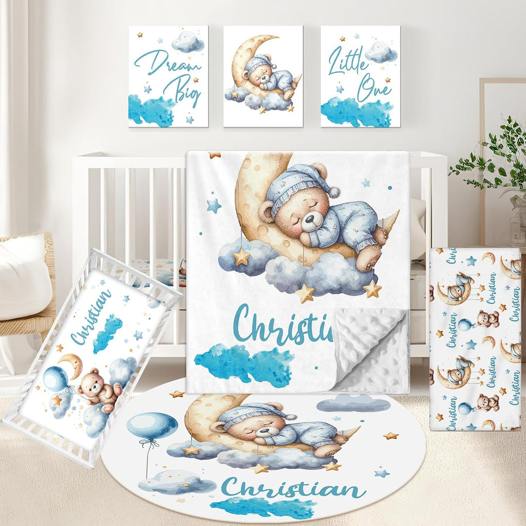 KAINSY Personalized Crib Set, 5 Pcs Custom Baby Crib Set with Name, Blue Moon Bear Baby Bedding Set for Boys Girls, Double Layer Nursery Bedding Set, Toddlers Infants New Parents Gift