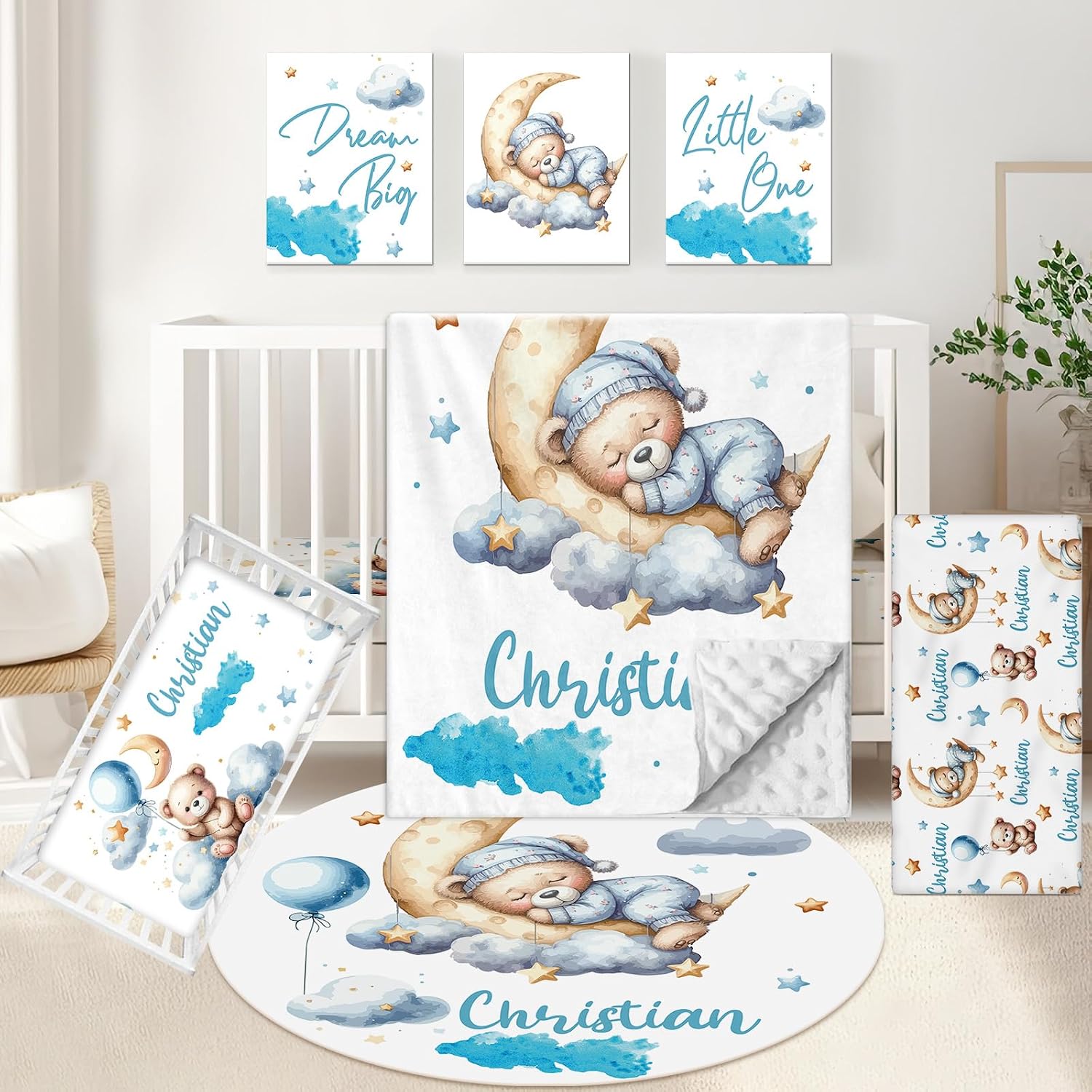 KAINSY Personalized Crib Set, 5 Pcs Custom Baby Crib Set with Name, Blue Moon Bear Baby Bedding Set for Boys Girls, Double Layer Nursery Bedding Set, Toddlers Infants New Parents Gift