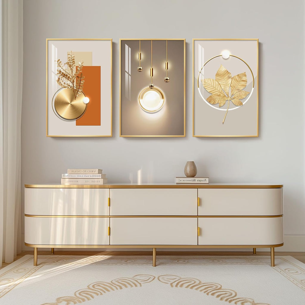 Framed Modern Luxury Gold Wall Art for Living Room, Set of 3 Piece Contemporary Paintings Artwork for Walls, Golden Prints Pictures with Gold Frame, Wall Decor for Home Office - Total 30' x 60'