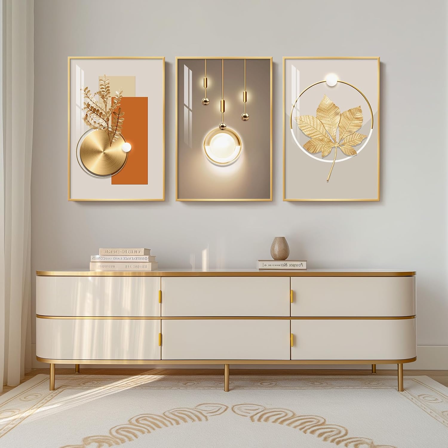 Framed Modern Luxury Gold Wall Art for Living Room, Set of 3 Piece Contemporary Paintings Artwork for Walls, Golden Prints Pictures with Gold Frame, Wall Decor for Home Office - Total 30' x 60'