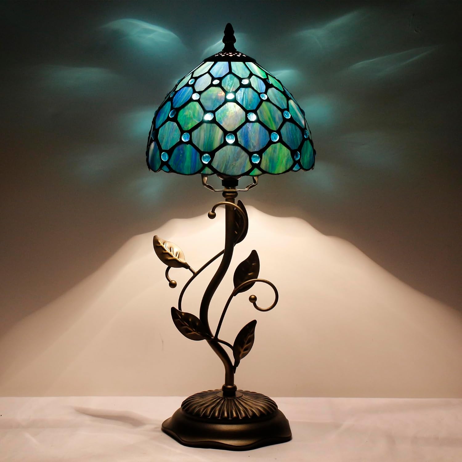 Small Tiffany Lamp Sea Blue Pearl Style Stained Glass Table Lamp Metal Leaf Accent Desk Memory Lamp Sympathy 8X20 Inch