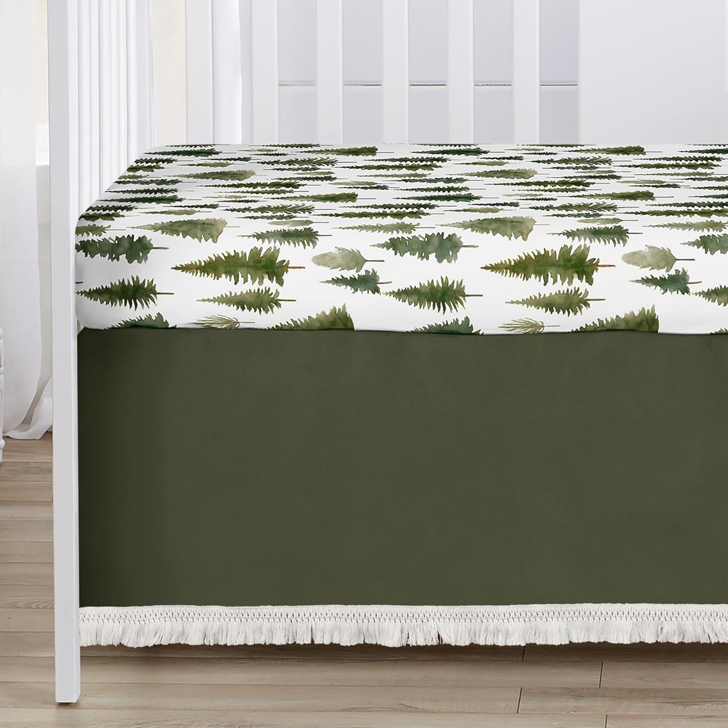 Sweet Jojo Designs 6-Piece Baby Crib Bedding Set (Sage Green Woodland) for Boys/Girls, Infants/Nursery incl. BreathableBaby Mesh Liner Blanket, Fitted Sheet, Skirt, Diaper Stacker (Forest Themed, Sun)
