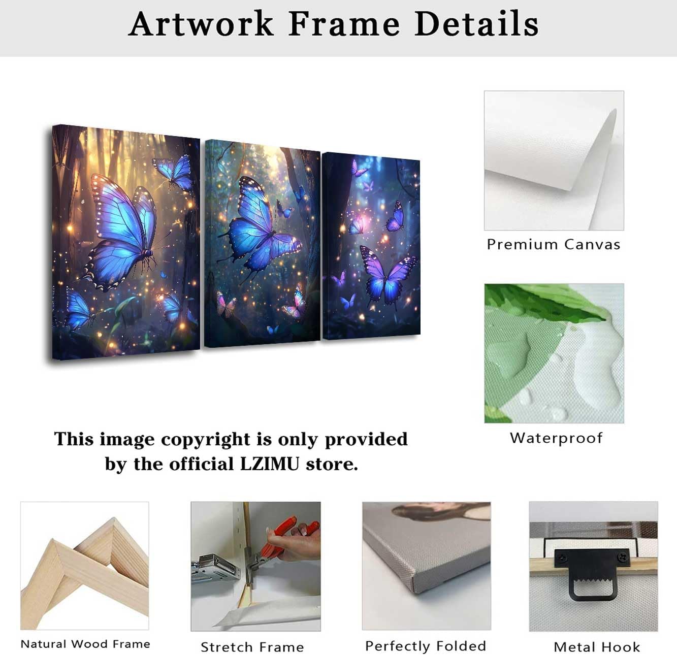 LZIMU 3Pcs Butterfly Wall Art Blue and Purple Butterflies Picture Fantasy Forest Painting Abstract Modern Canvas Print Nature Artwork Girls Bedroom Room Decor (24x36inx3 Pieces)