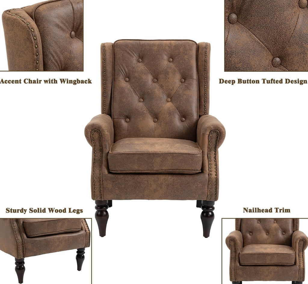 Mid-Century High Wingback Chair, Microfiber Accent Chair Armchair with Buttons,Modern Living Room Chairs with Rivet Decoration,Leisure Single Sofa Chair for Bedroom,Club,Home Reception (Coffee.)