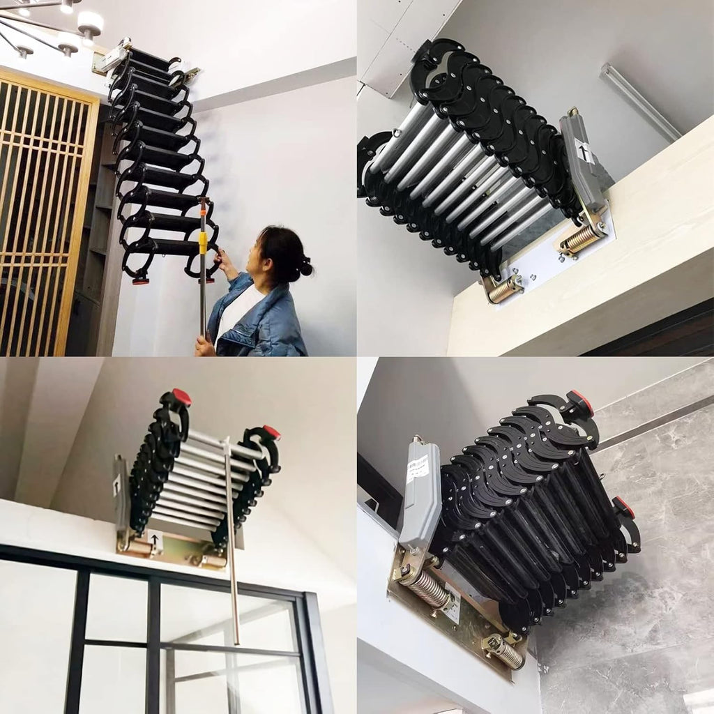 9.8 Feet Attic Ladder Pull Down 12 Steps, Black Aluminum Magnesium Alloy Wall-Mounted Folding Attic Loft Stairs, 660LB Load Capacity